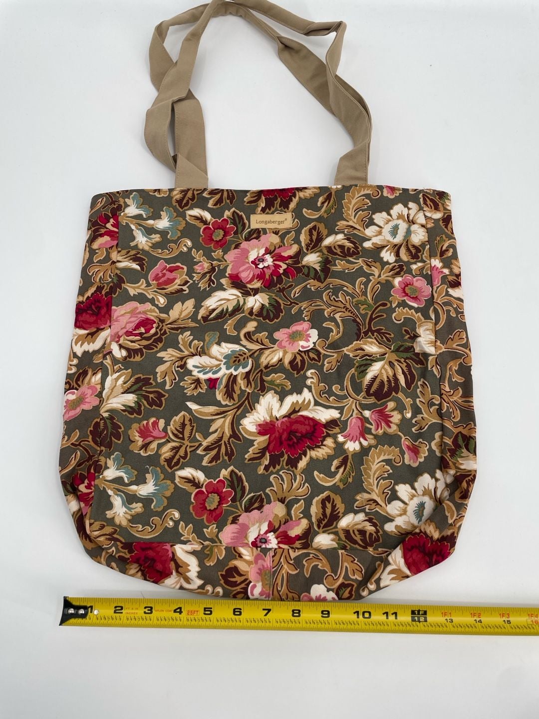 Longaberger Floral Canvas Tote Bag Green Pink Shabby Chic 6