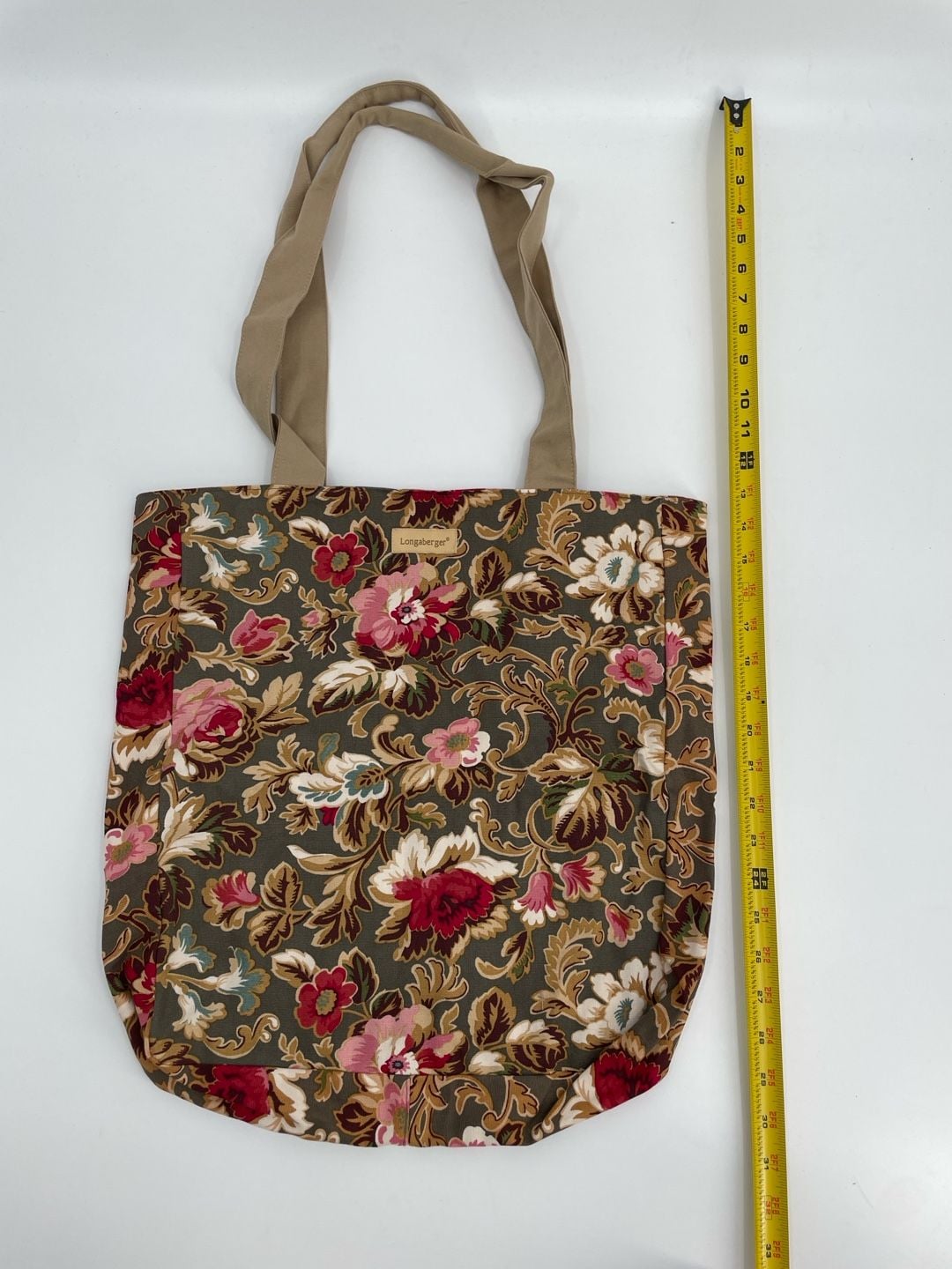 Longaberger Floral Canvas Tote Bag Green Pink Shabby Chic 7