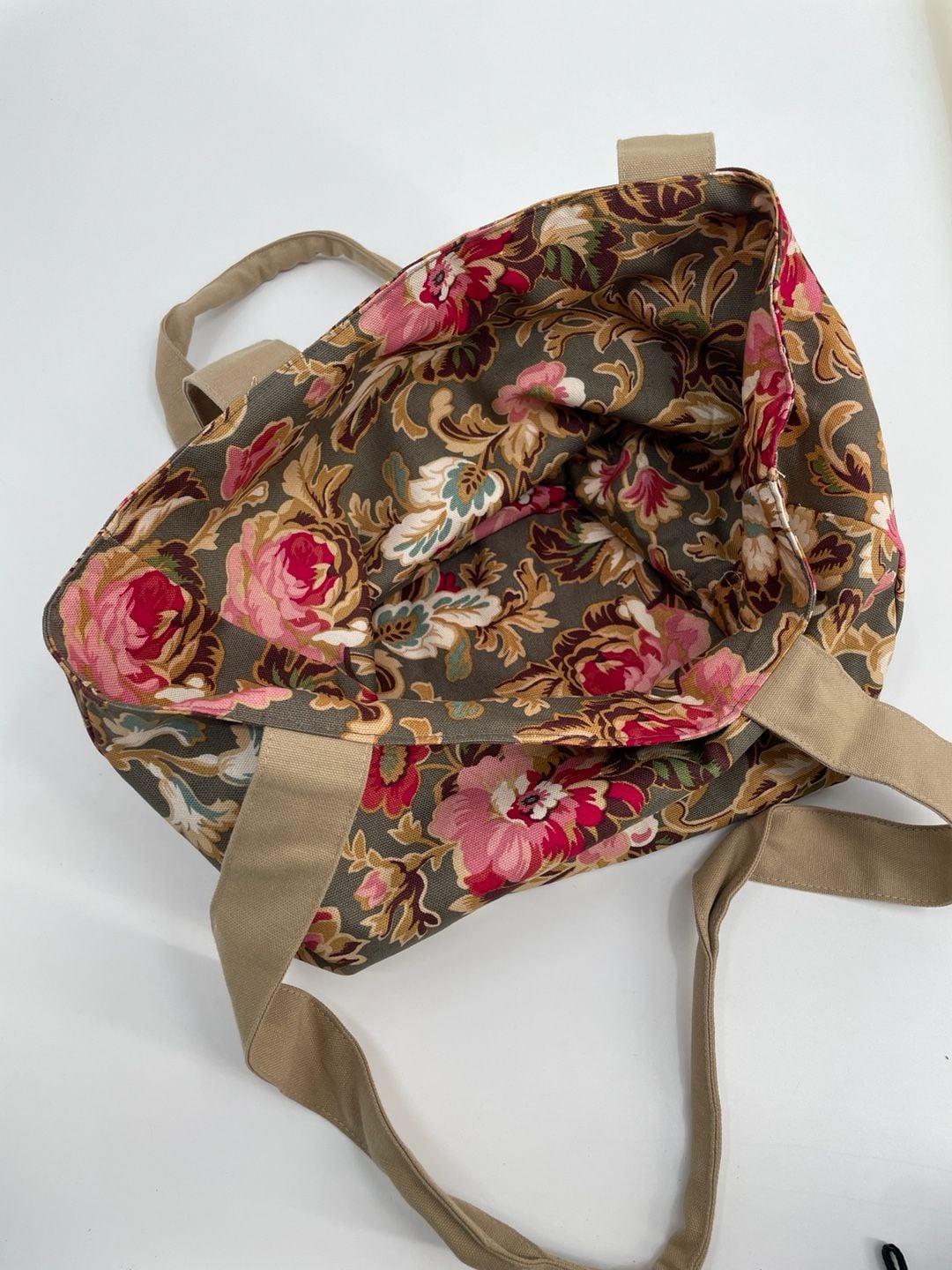 Longaberger Floral Canvas Tote Bag Green Pink Shabby Chic 9