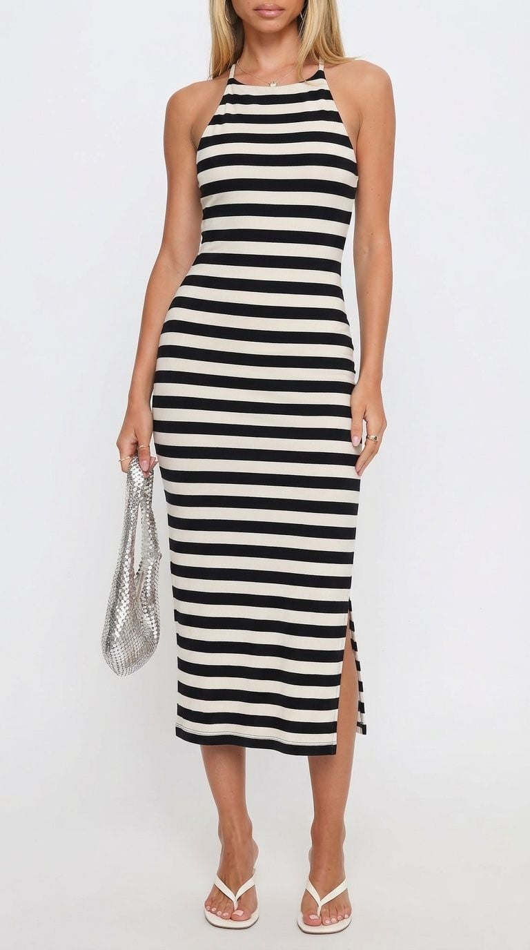Rachel Parcel Striped Halter Midi Dress Size M Black Beige 2