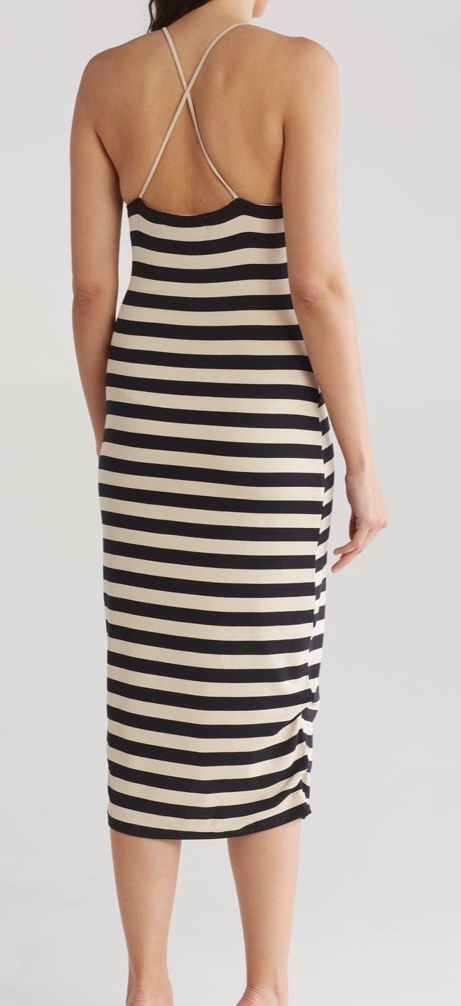 Rachel Parcel Striped Halter Midi Dress Size M Black Beige 3