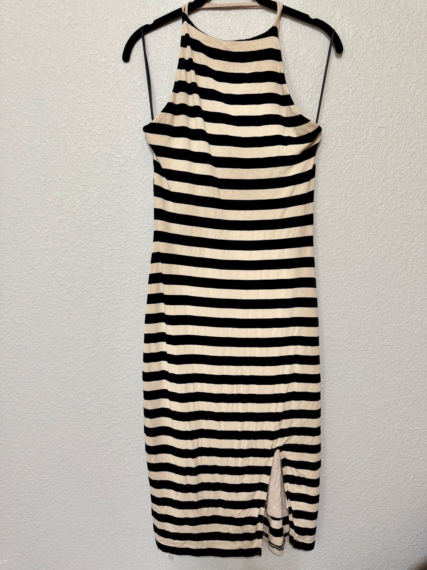 Rachel Parcel Striped Halter Midi Dress Size M Black Beige 5