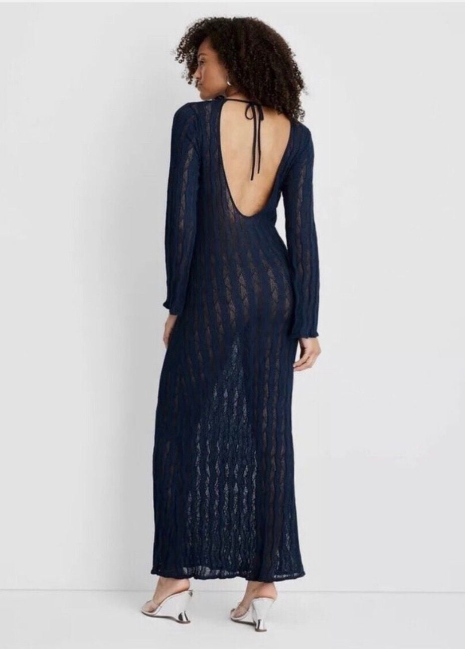 Future Collective Open Stitch Maxi Dress Blue Long Sleeve XL 3