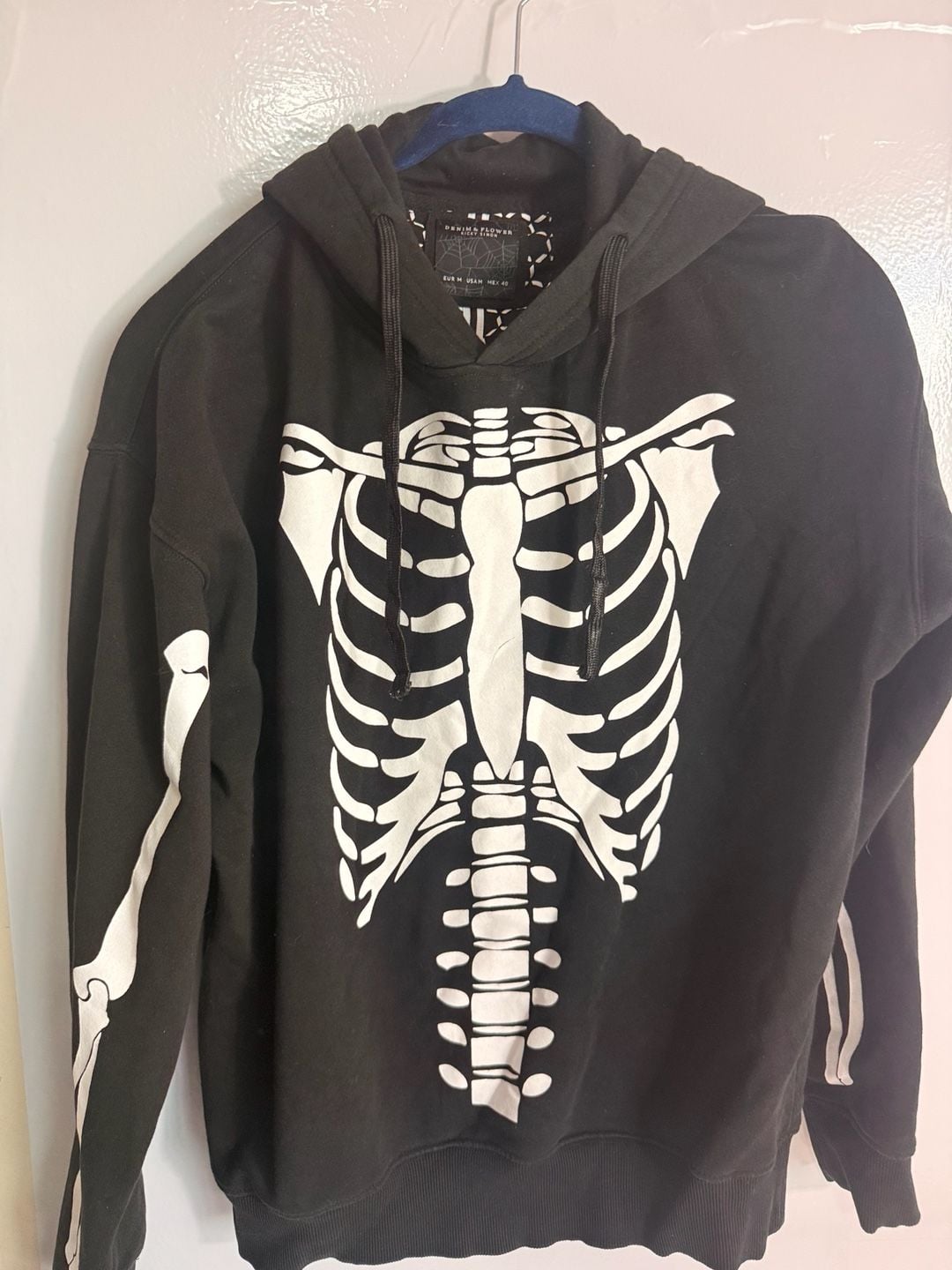 Denim & Flower Ricky Singh Skeleton Hoodie Size M Black White Pullover 3