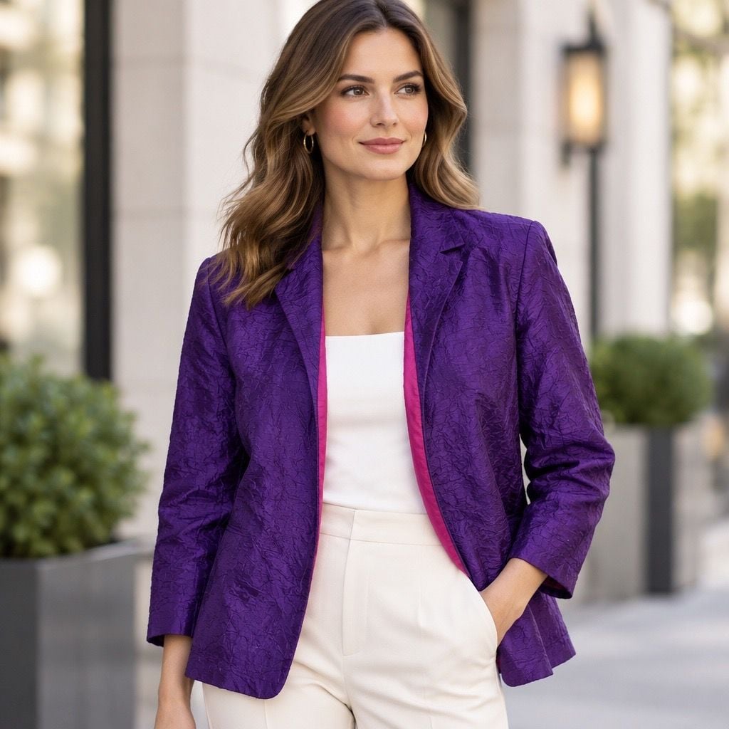 Chico's Silk Blazer Size 1 Purple Textured Open Front Jacket 2