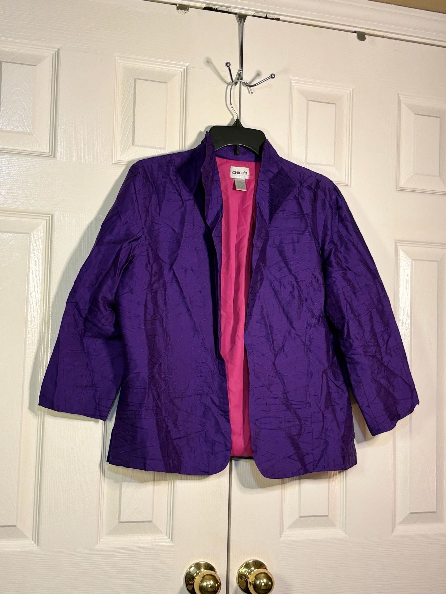 Chico's Silk Blazer Size 1 Purple Textured Open Front Jacket 4