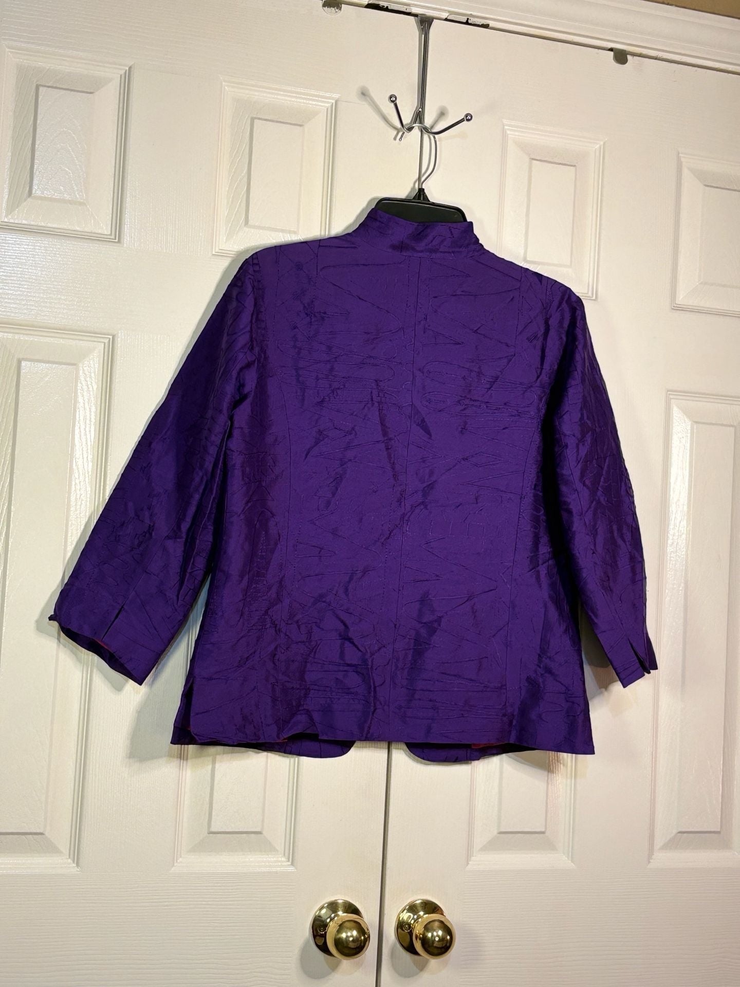 Chico's Silk Blazer Size 1 Purple Textured Open Front Jacket 7