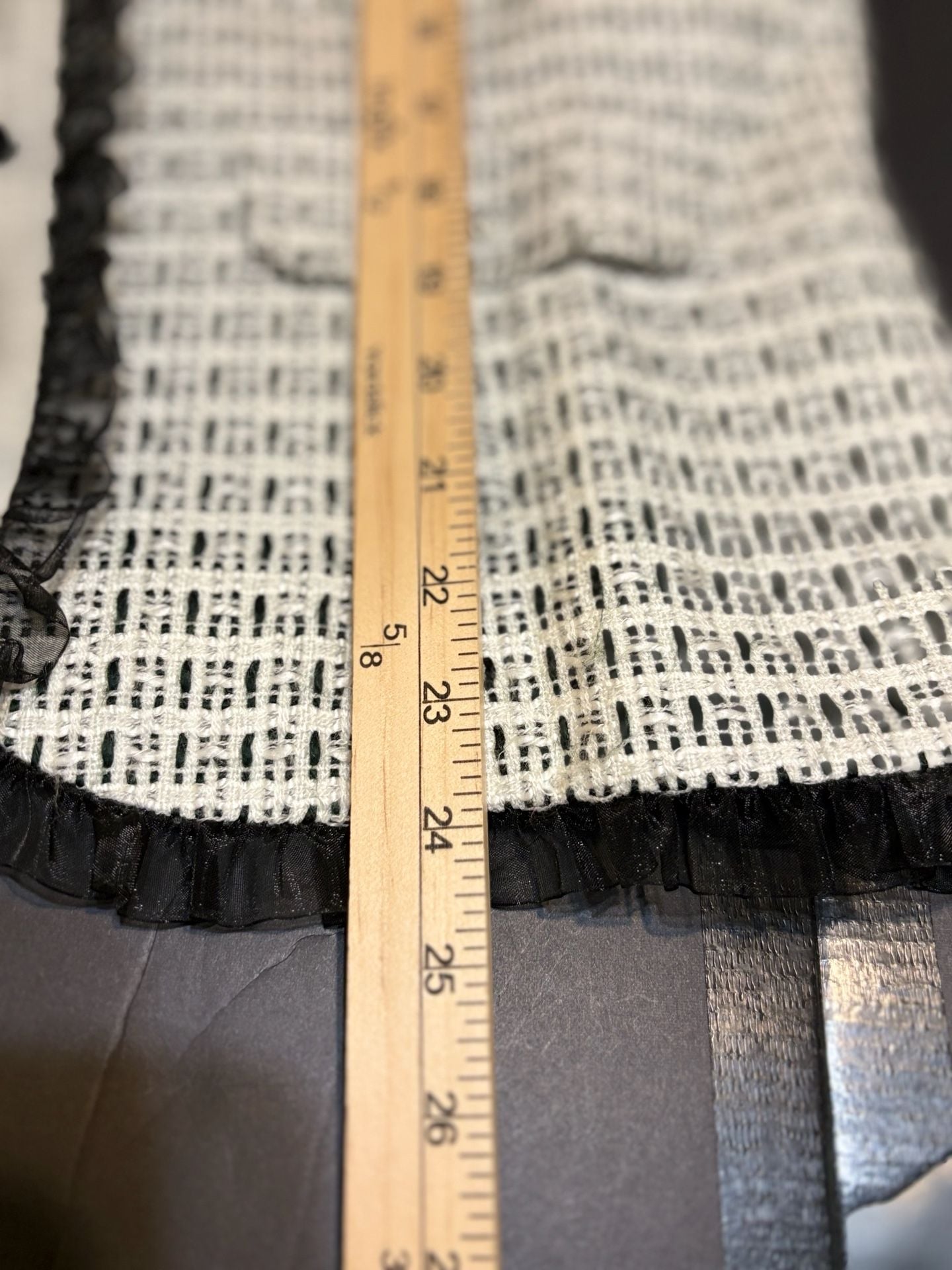 Maggie Sweet Tweed Jacket Size Medium Black Cream Ruffle Trim 7