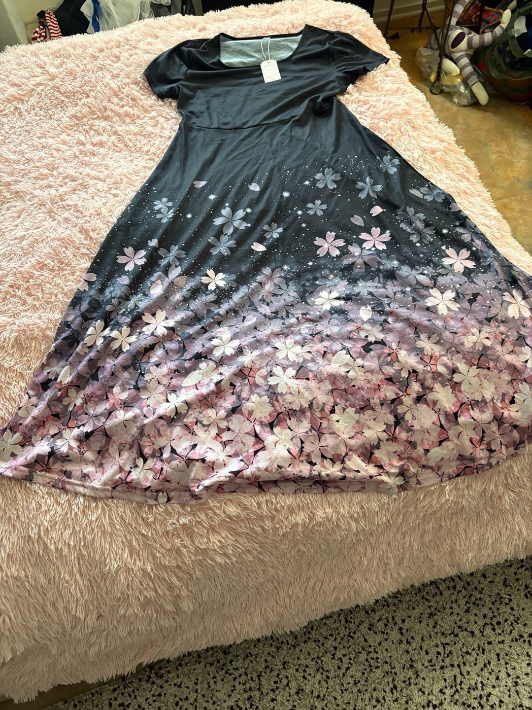 Made with Love Cherry Blossom Maxi Dress Size XL Black Floral Ombre 7