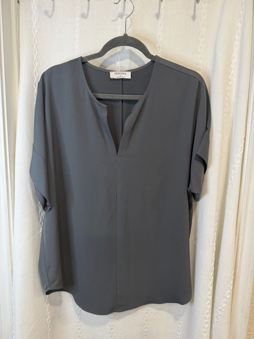 Zenana Women’s Large Gray V-Neck Blouse Short Sleeve Oversized Tunic Top 2