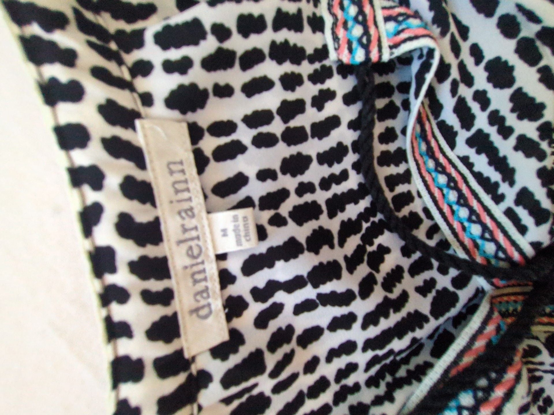 Daniel Rainn Embroidered Neck Blouse Size M Black White Print 4