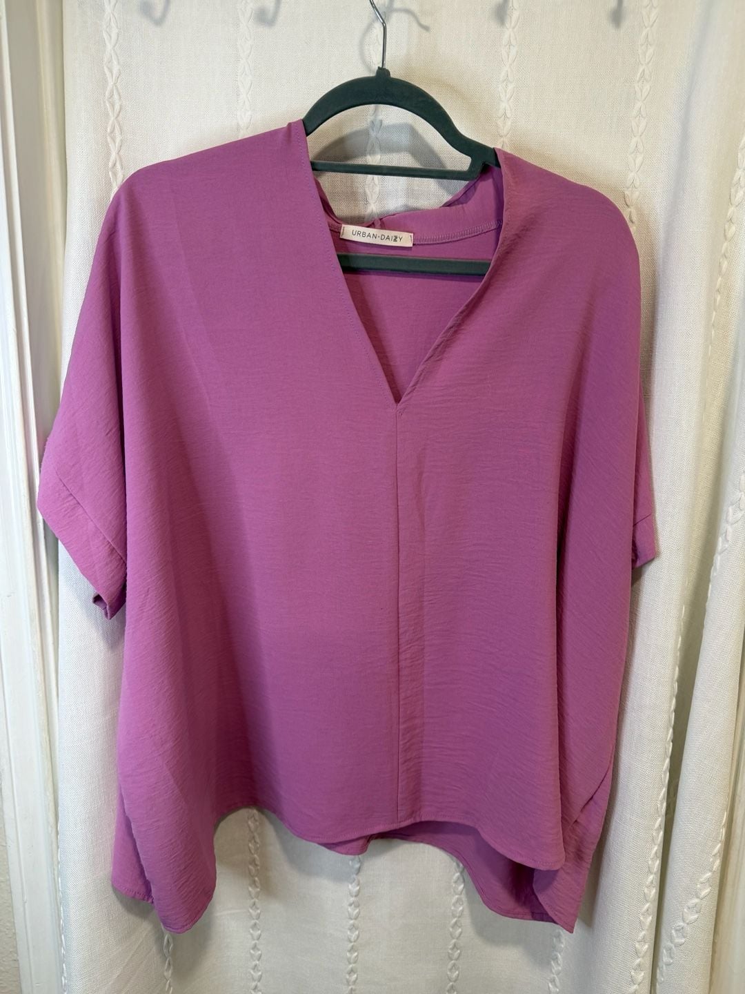 Urban Daizy Women’s Large Pink V-Neck Oversized Blouse Short Sleeve Relaxed Top 2