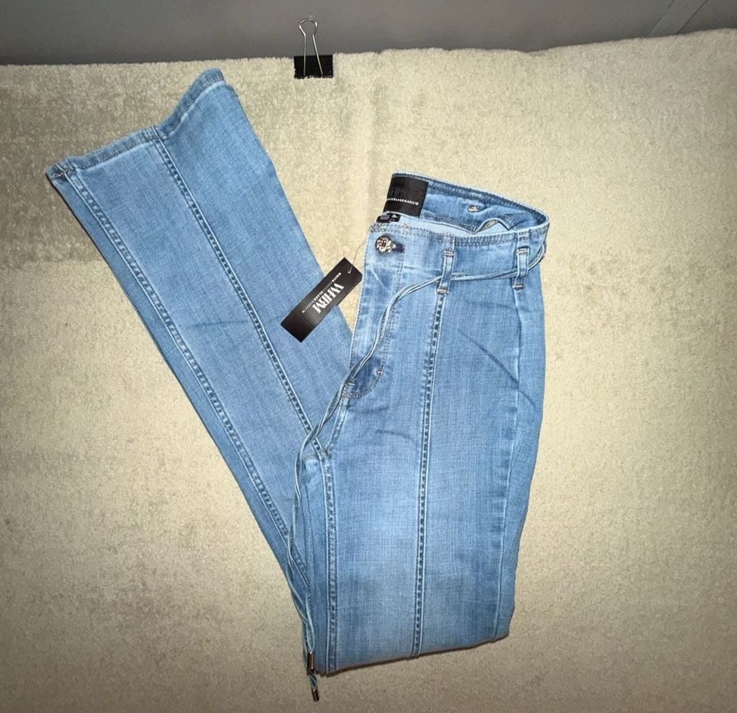 White House Black Market Belted Skinny Flare Jeans Size 00 Blue Denim 12
