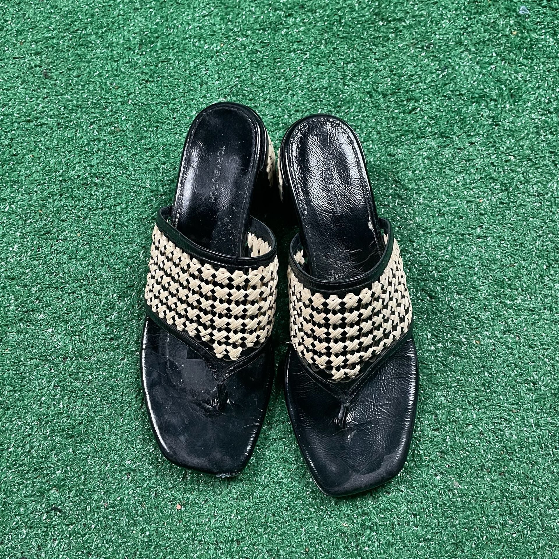 Tory Burch Woven Raffia Heeled Sandals Size 9M Black 4