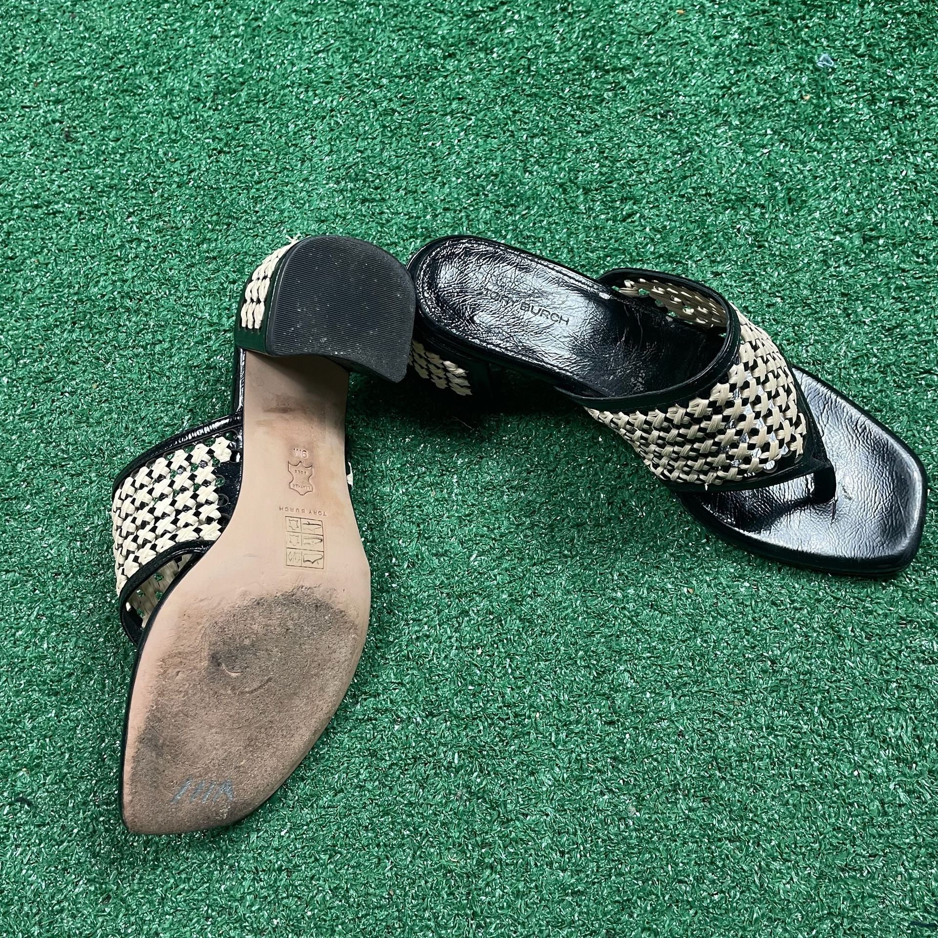 Tory Burch Woven Raffia Heeled Sandals Size 9M Black 6