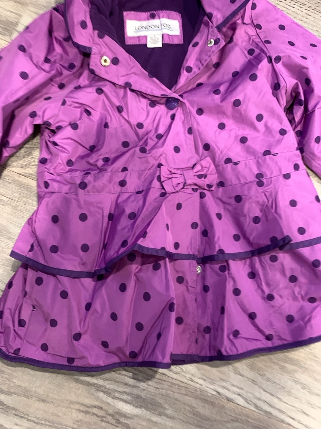 London Fog Raincoat Jacket Size 6 Purple Polka Dot Hooded Fleece Lined 3