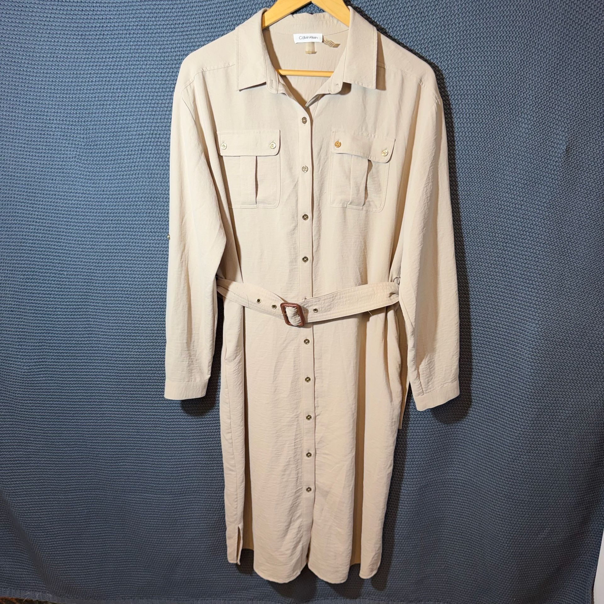 Calvin Klein Utility Shirt Dress Size M Beige Long Sleeve Belted 2