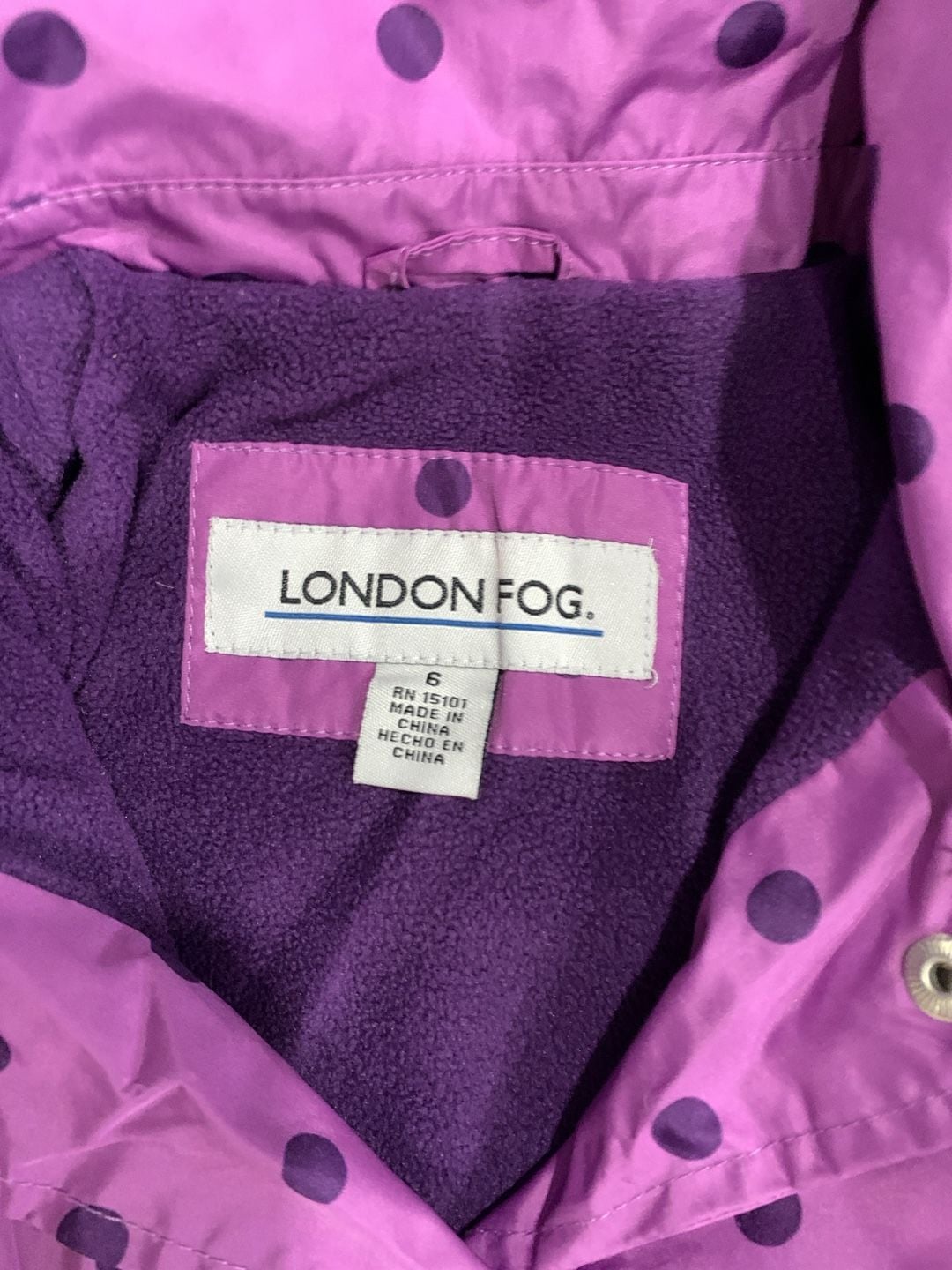 London Fog Raincoat Jacket Size 6 Purple Polka Dot Hooded Fleece Lined 4