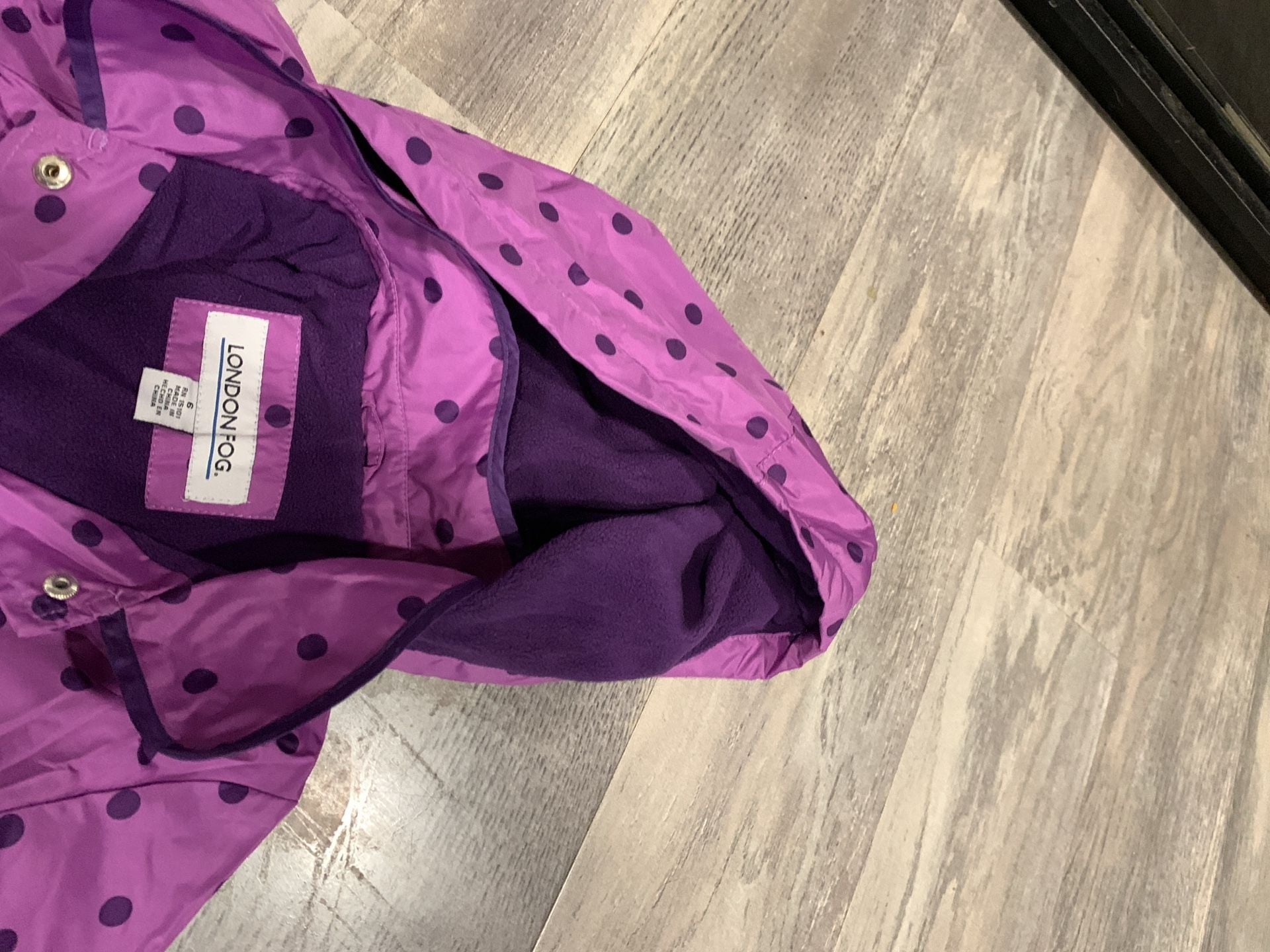 London Fog Raincoat Jacket Size 6 Purple Polka Dot Hooded Fleece Lined 5