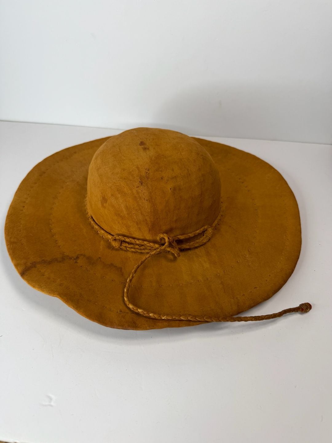 Vintage Mexican Made Suede Leather Sun Hat Brown Wide Brim Straw Lined 2