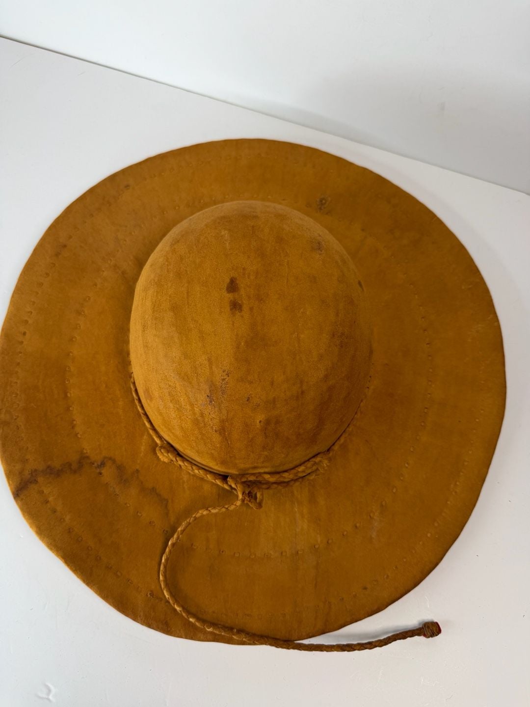 Vintage Mexican Made Suede Leather Sun Hat Brown Wide Brim Straw Lined 3