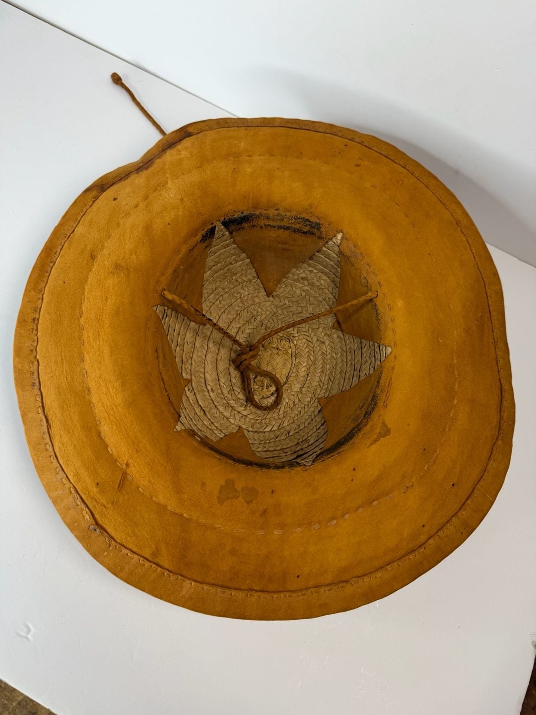 Vintage Mexican Made Suede Leather Sun Hat Brown Wide Brim Straw Lined 4