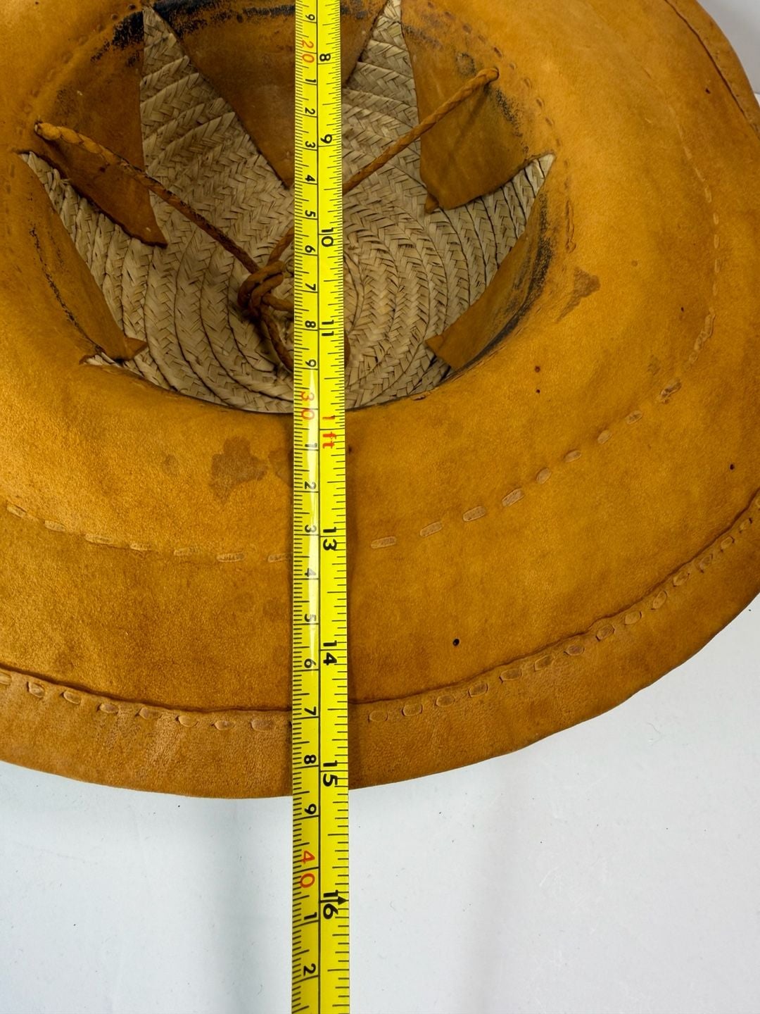 Vintage Mexican Made Suede Leather Sun Hat Brown Wide Brim Straw Lined 5