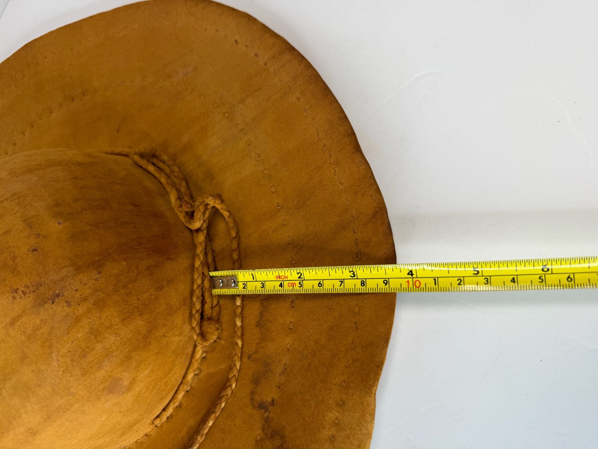 Vintage Mexican Made Suede Leather Sun Hat Brown Wide Brim Straw Lined 6