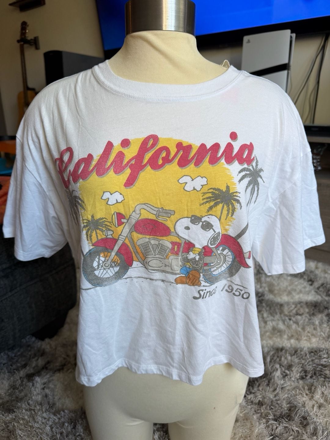 Peanuts Snoopy California Motorcycle Crop T-Shirt Size L White 2