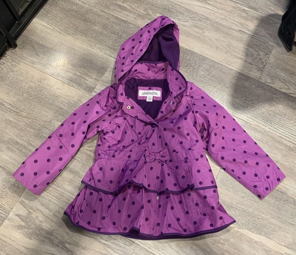 London Fog Raincoat Jacket Size 6 Purple Polka Dot Hooded Fleece Lined 2