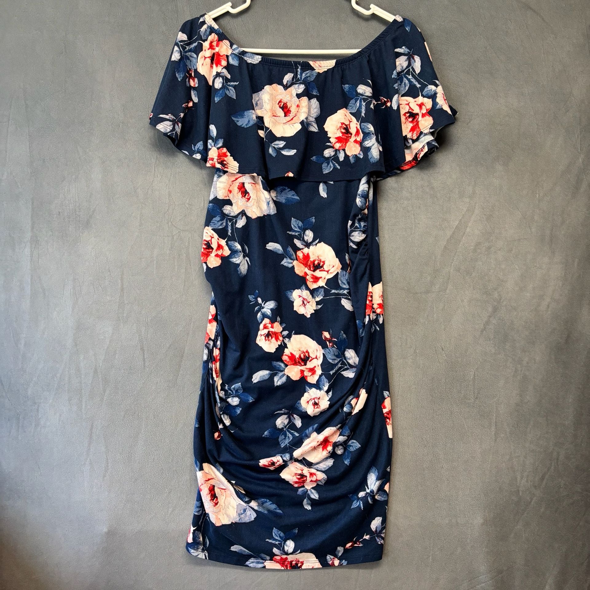 Hello Miz Off Shoulder Ruffle Maternity Dress Size S Navy Floral 2
