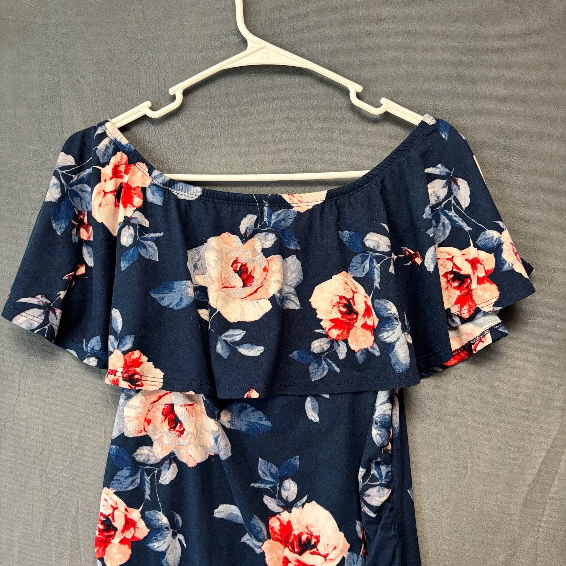Hello Miz Off Shoulder Ruffle Maternity Dress Size S Navy Floral 3