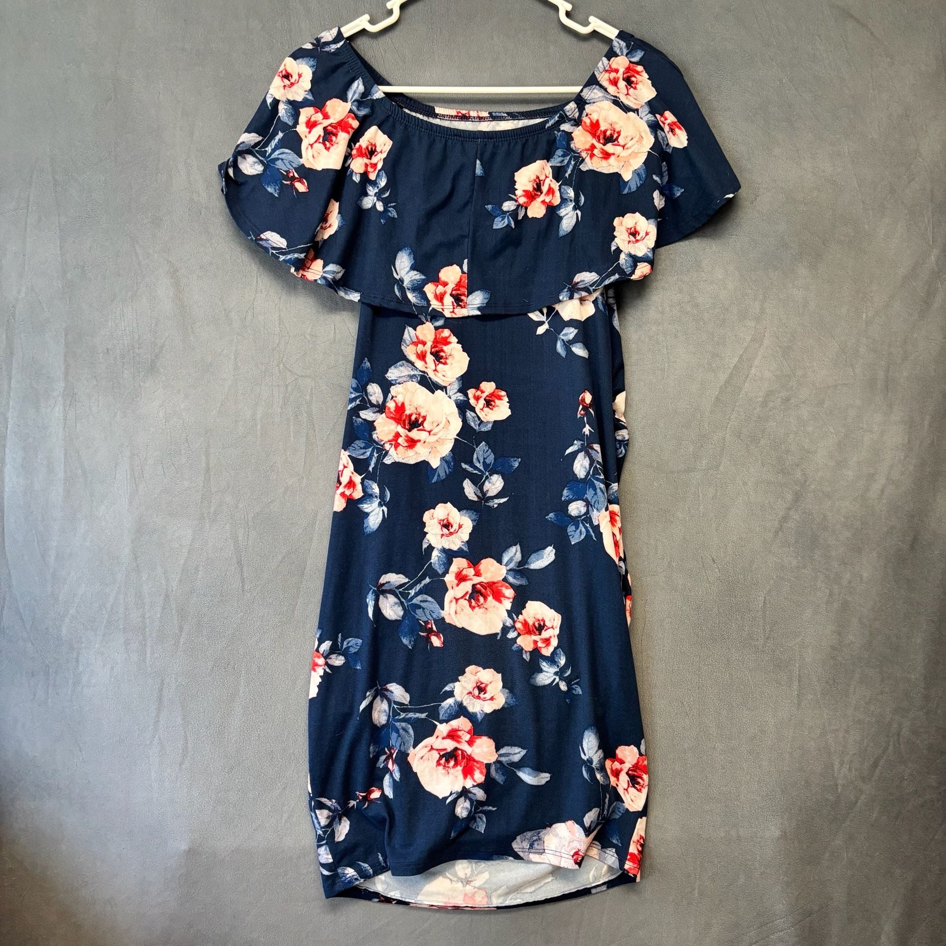 Hello Miz Off Shoulder Ruffle Maternity Dress Size S Navy Floral 8