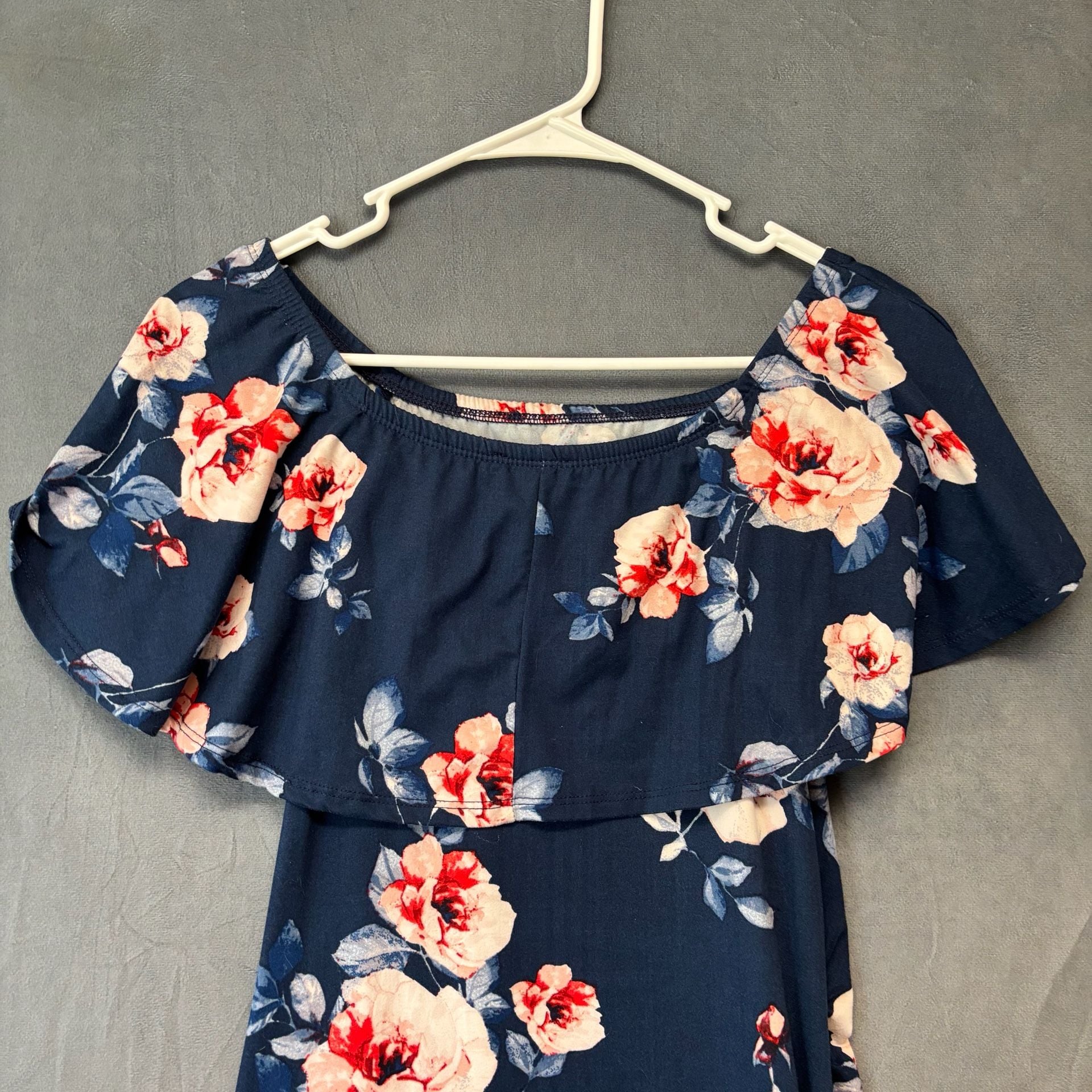 Hello Miz Off Shoulder Ruffle Maternity Dress Size S Navy Floral 9