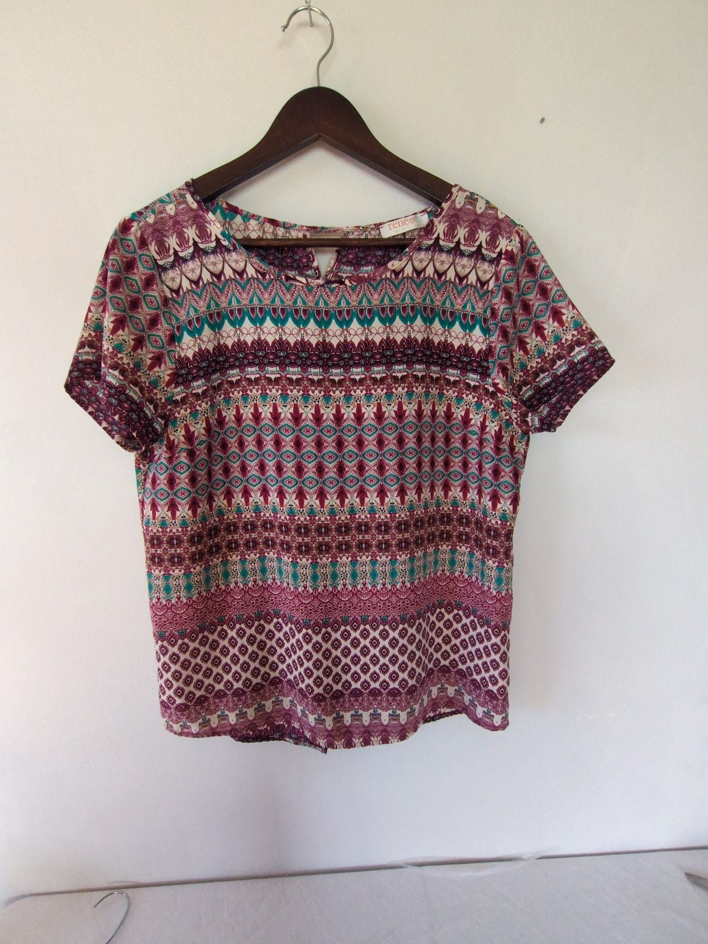 Renee Short Sleeve Blouse Size M Multicolor Boho Print 2
