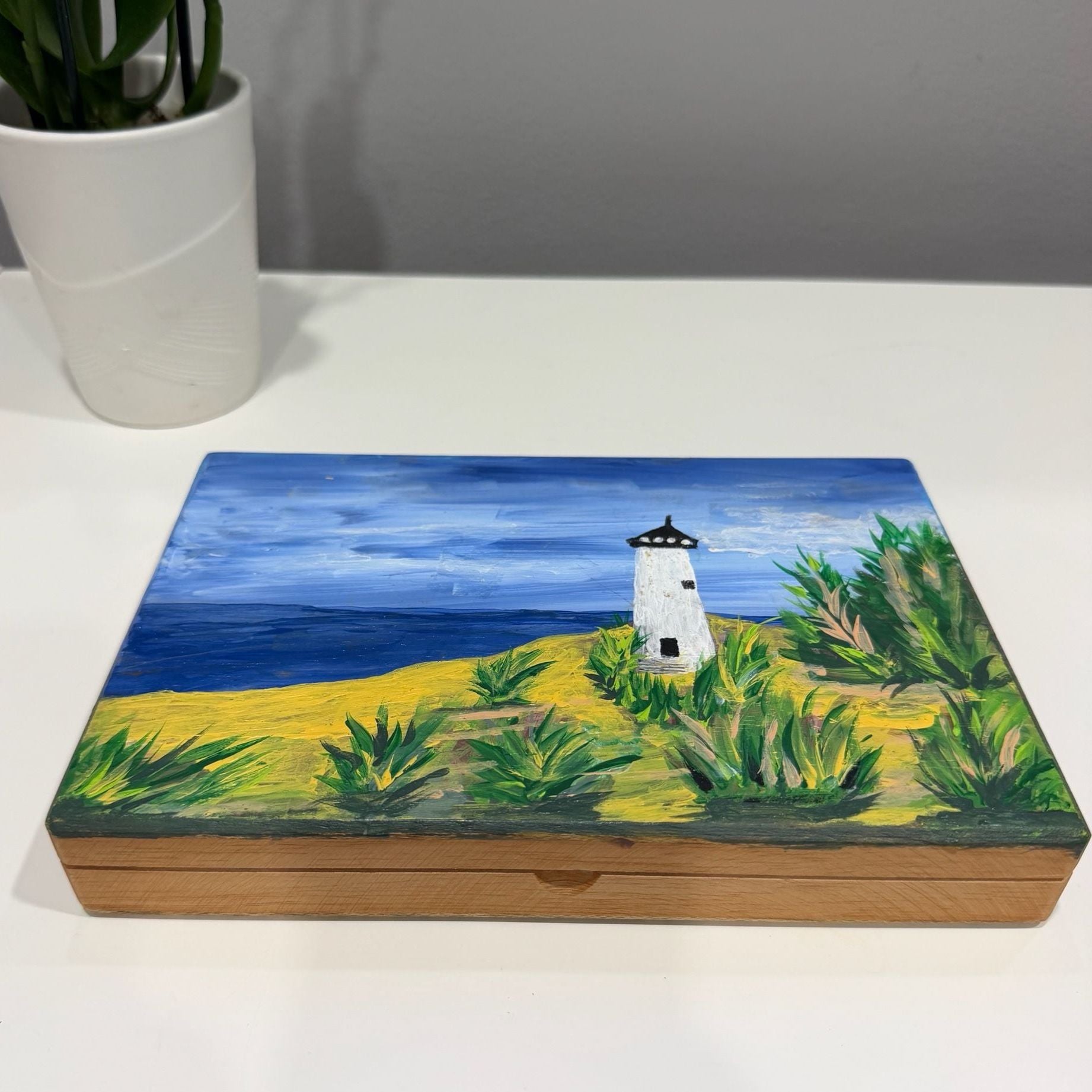 Hand Painted Wooden Lighthouse Coastal Trinket Box 1