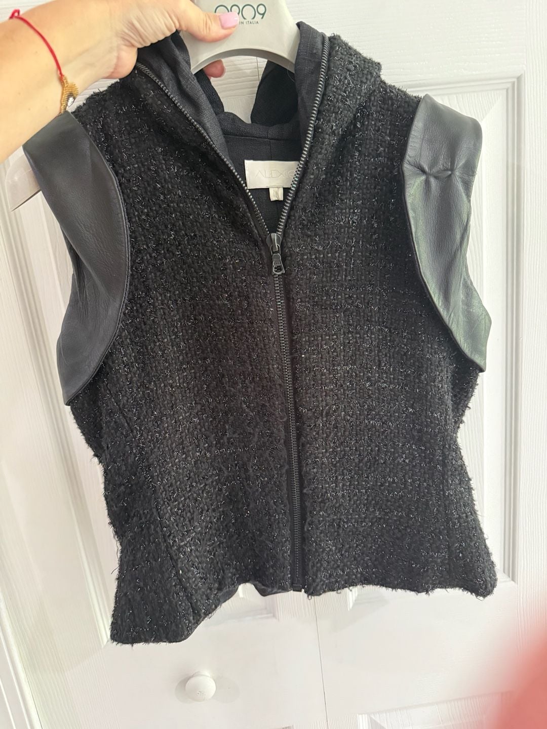 Alexis Tweed Hooded Vest Size M Black Leather Trim 4