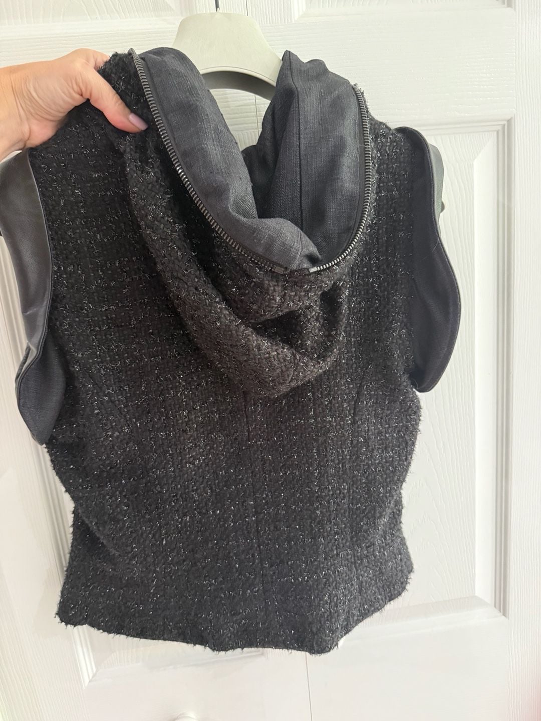 Alexis Tweed Hooded Vest Size M Black Leather Trim 5