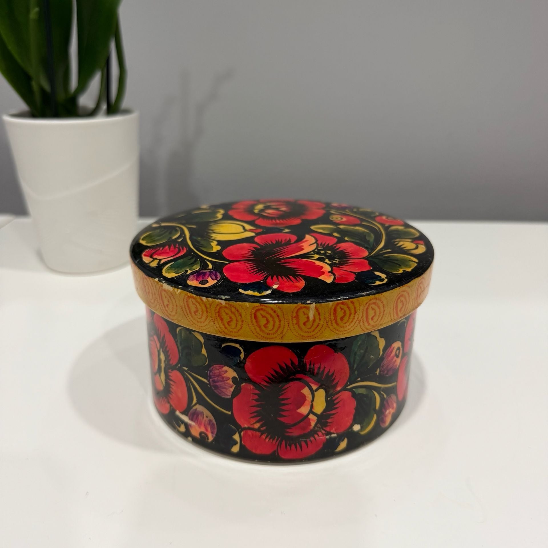 Vintage Hand Painted Russian Wooden Trinket Box Floral Folk Art 1