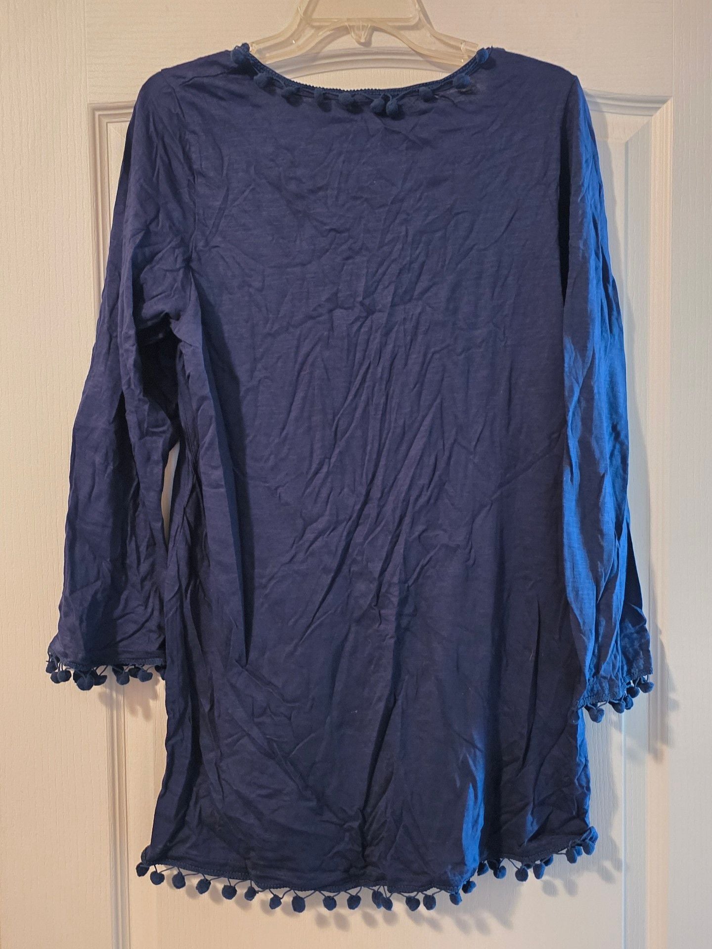 Anandas Collection Pom Pom Tunic Top Size 3XL Bavy Blue Cotton Long Sleeve 3