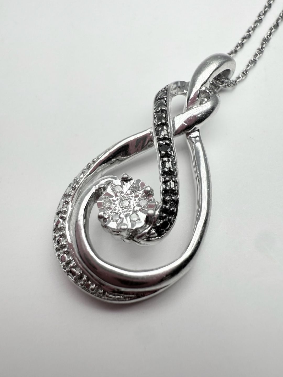 Sterling Silver White And Black Diamond Swirl Pendant Necklace 2