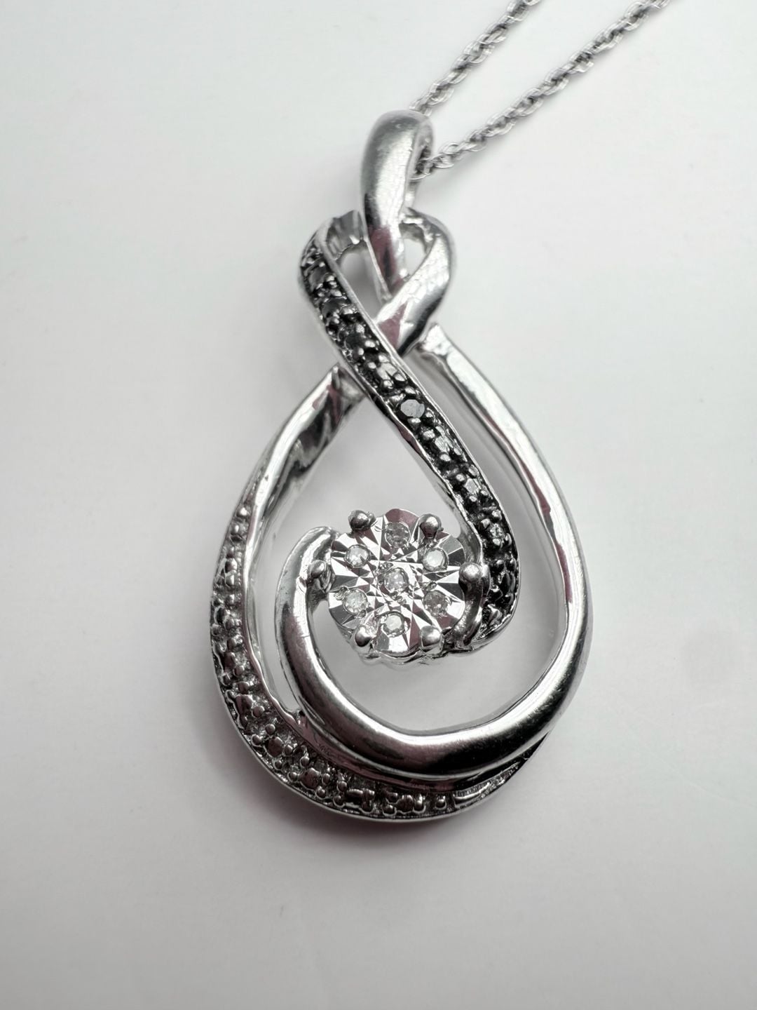Sterling Silver White And Black Diamond Swirl Pendant Necklace 4