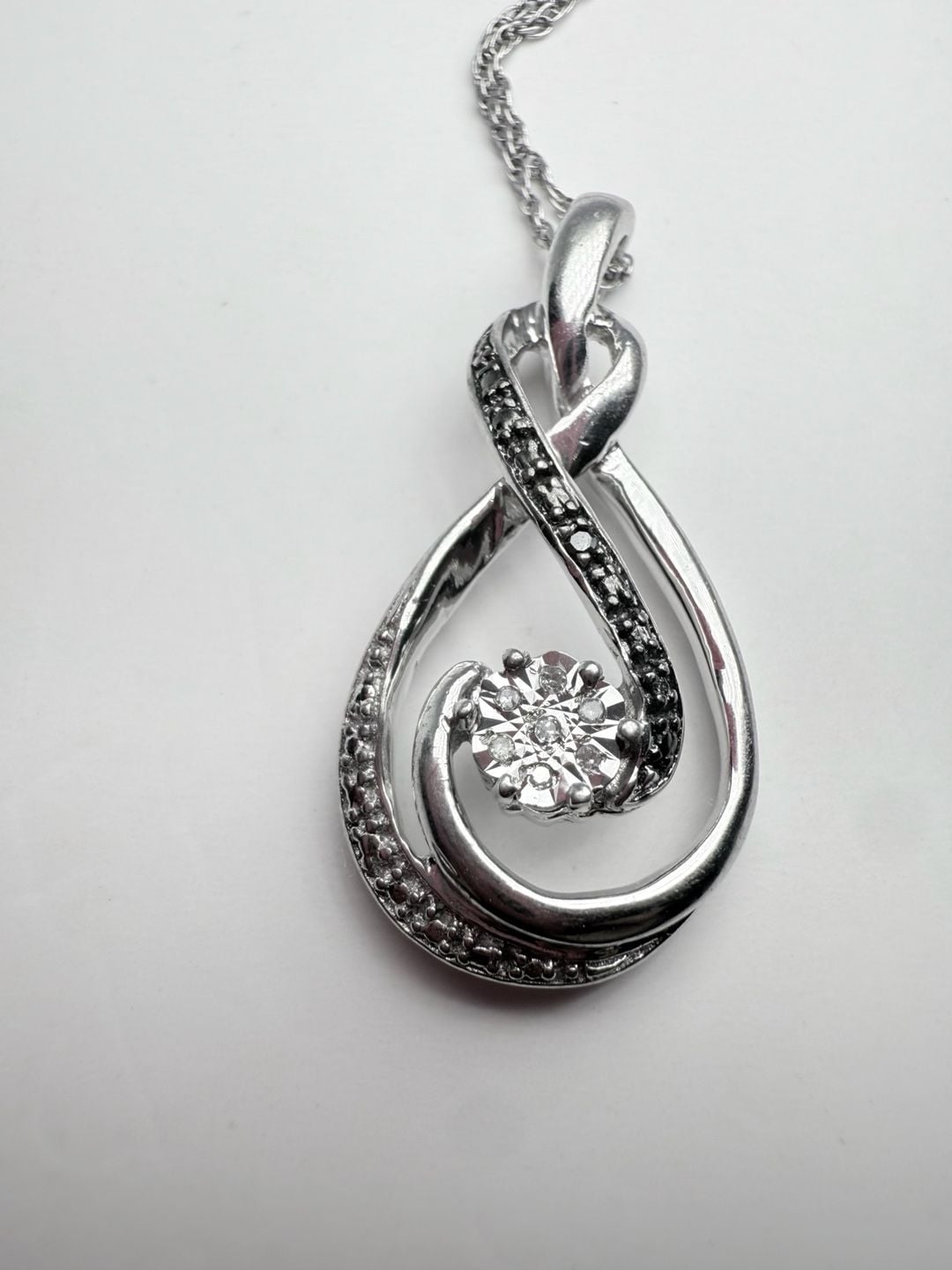 Sterling Silver White And Black Diamond Swirl Pendant Necklace 5