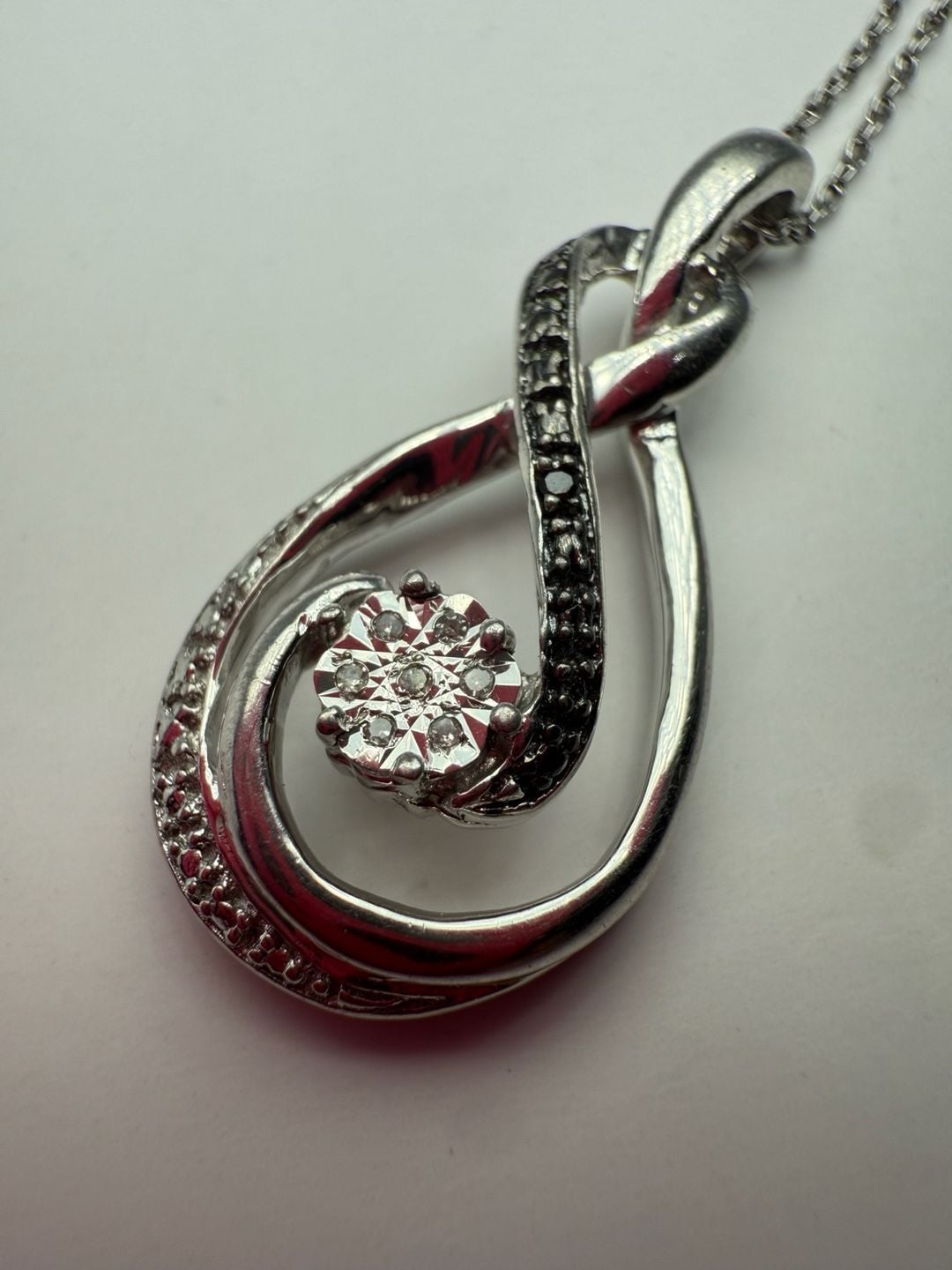 Sterling Silver White And Black Diamond Swirl Pendant Necklace 6