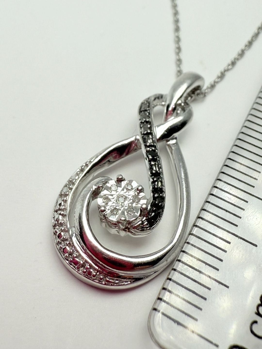 Sterling Silver White And Black Diamond Swirl Pendant Necklace 8