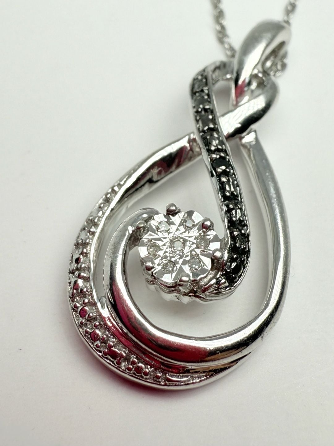 Sterling Silver White And Black Diamond Swirl Pendant Necklace 9