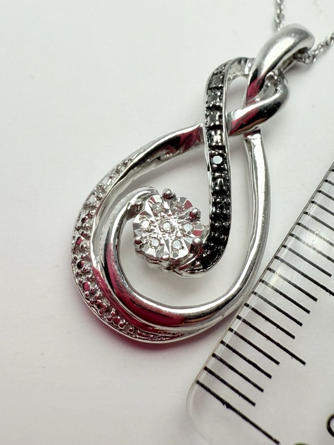 Sterling Silver White And Black Diamond Swirl Pendant Necklace 10