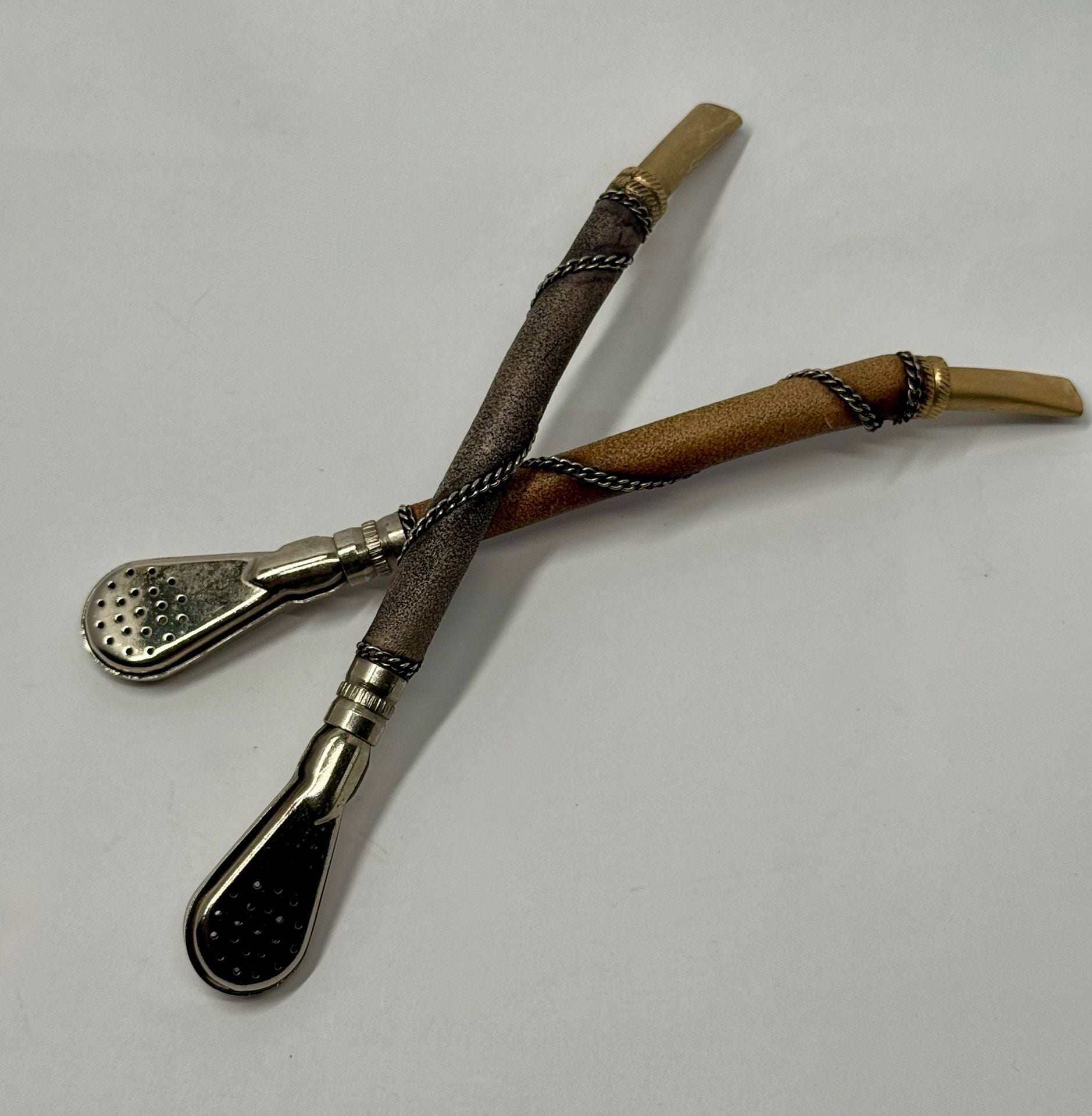 Argentine Yerba Mate Straw Bombilla Set Leather Wrapped Lot of 2 4