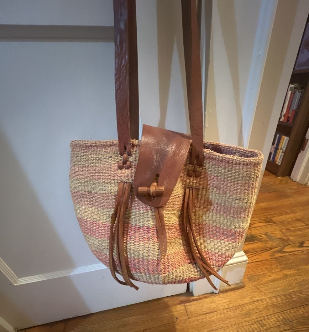 Vintage Woven Sisal & Leather Striped Tote Bag 2