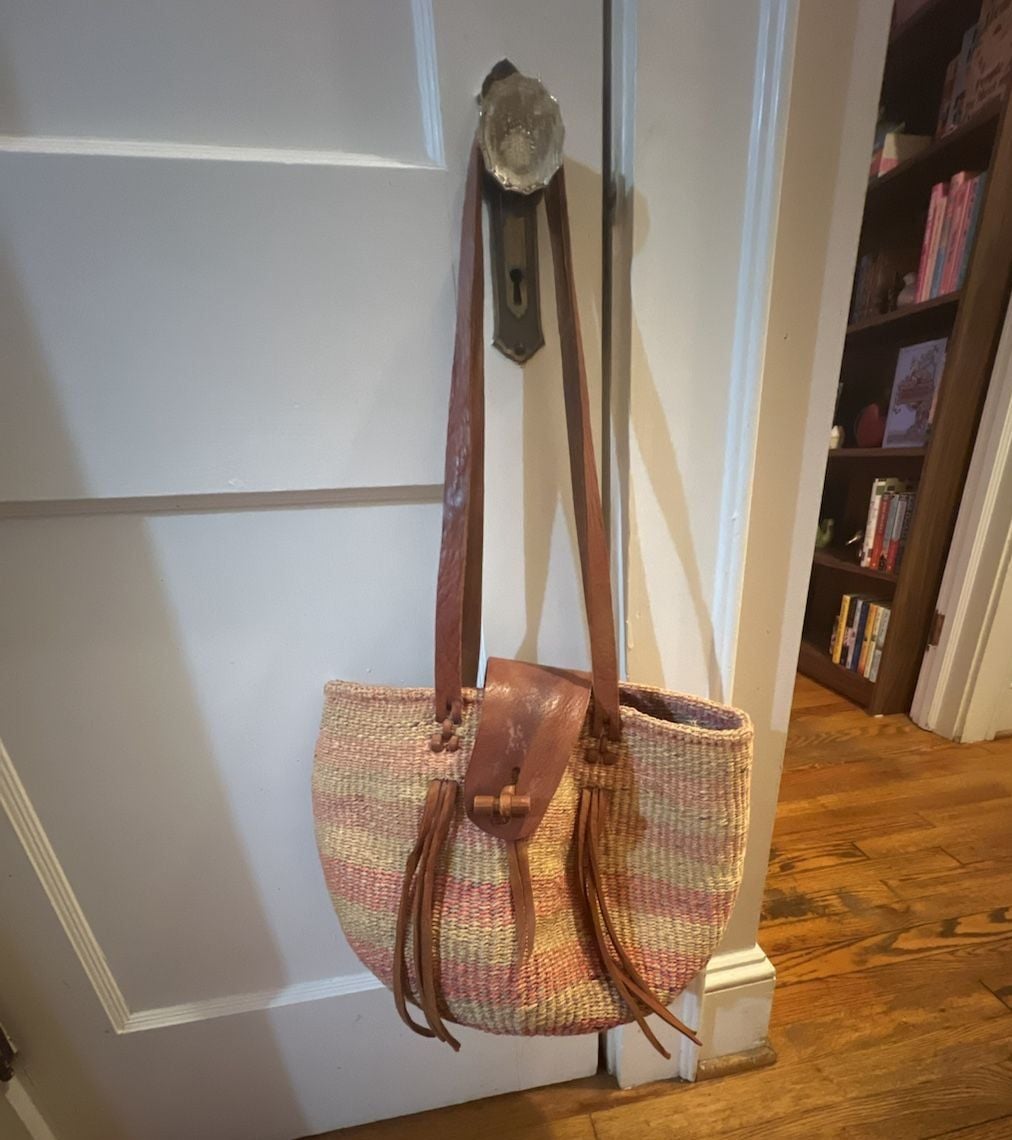 Vintage Woven Sisal & Leather Striped Tote Bag 3